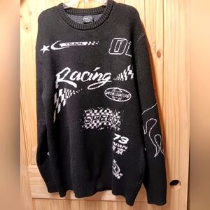 RGSTR  Black Crewneck Sweater with Racing Graphics NWT